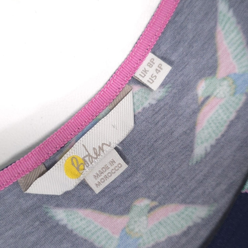 BODEN Women's Knee Length Dress Bird Print 4 Petite Stretch Navy Pockets J0326 - Picture 2 of 9